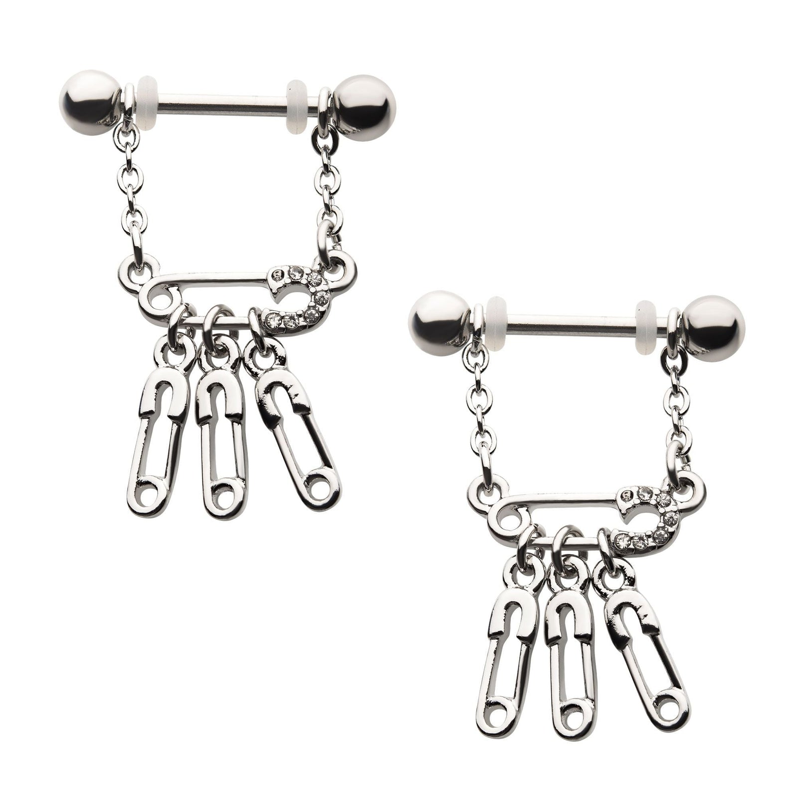 Nipple Surgical Steel Clear CZ Stacked Safety Pins Chain Dangle Nipple Barbell -Rebel Bod-RebelBod