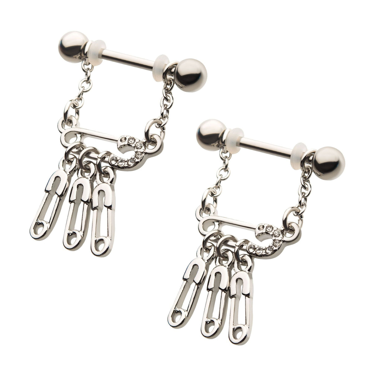 Nipple Surgical Steel Clear CZ Stacked Safety Pins Chain Dangle Nipple Barbell -Rebel Bod-RebelBod