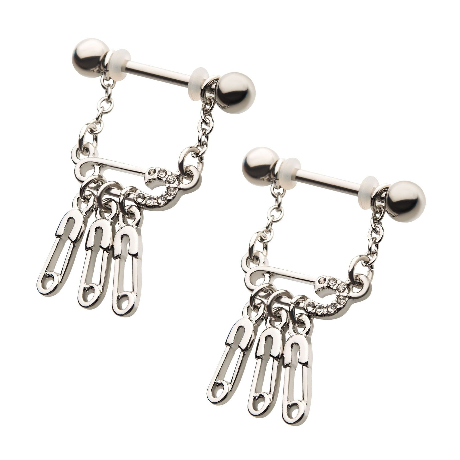 Nipple Surgical Steel Clear CZ Stacked Safety Pins Chain Dangle Nipple Barbell -Rebel Bod-RebelBod