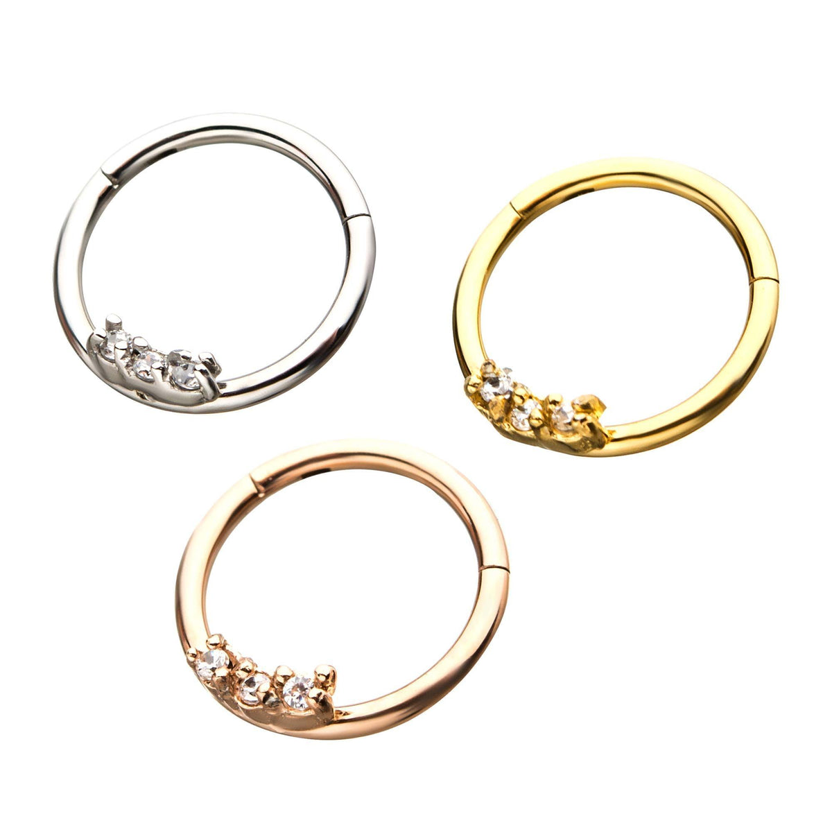 SEAMLESS CLICKER Surgical Steel Clicker Hinged Segment Ring with 3 Clear Gems sbvsgrh3sgem -Rebel Bod-RebelBod