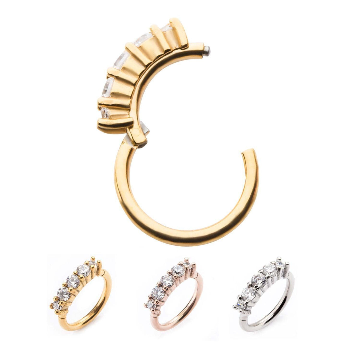 Segment Rig Clicker Hinged Segment Ring Prong Set Clear CZ Gems on Top - Rebel Bod