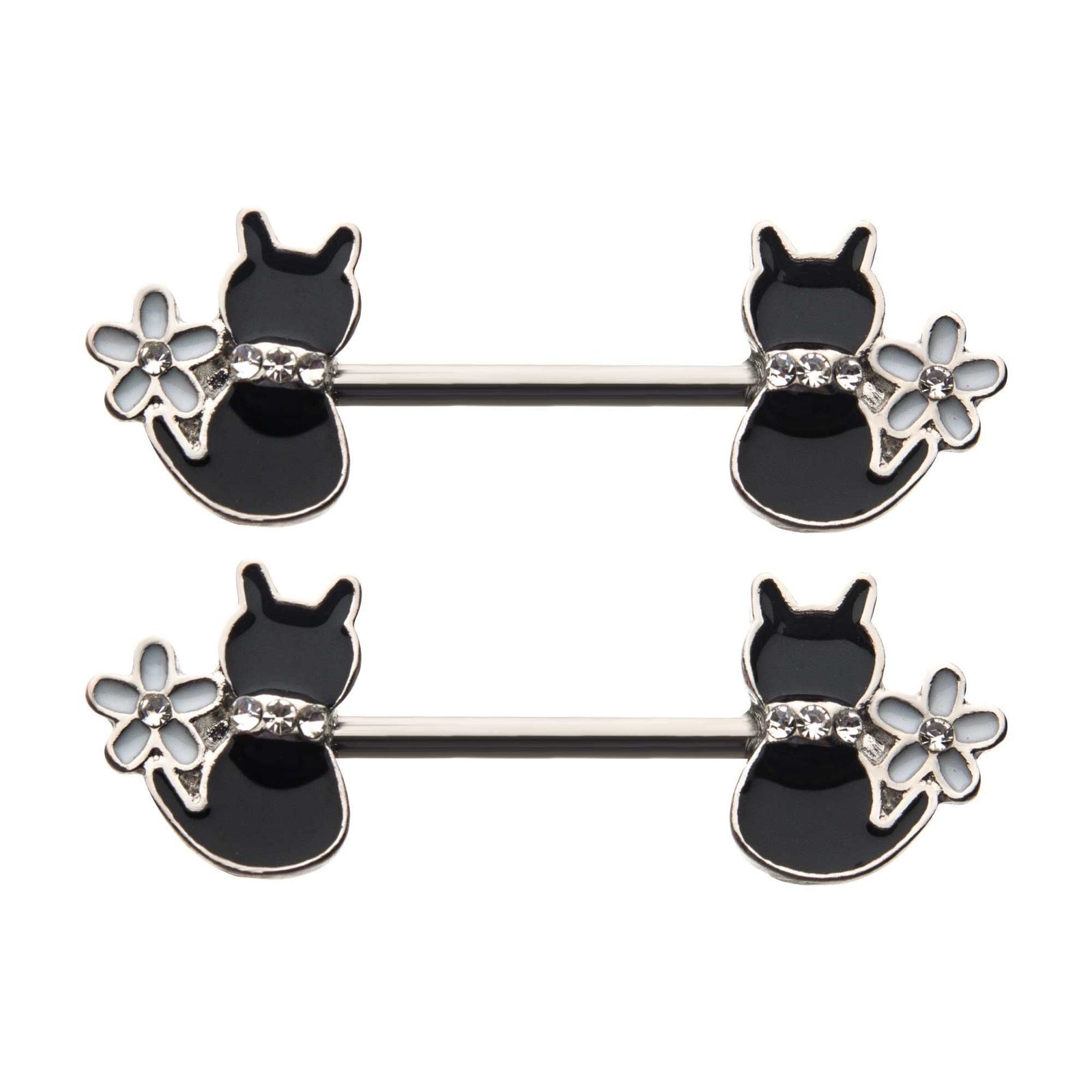 Nipple Surgical Steel Enamel Daisy Flower Clear CZ Black Cat Nipple Barbell -Rebel Bod-RebelBod