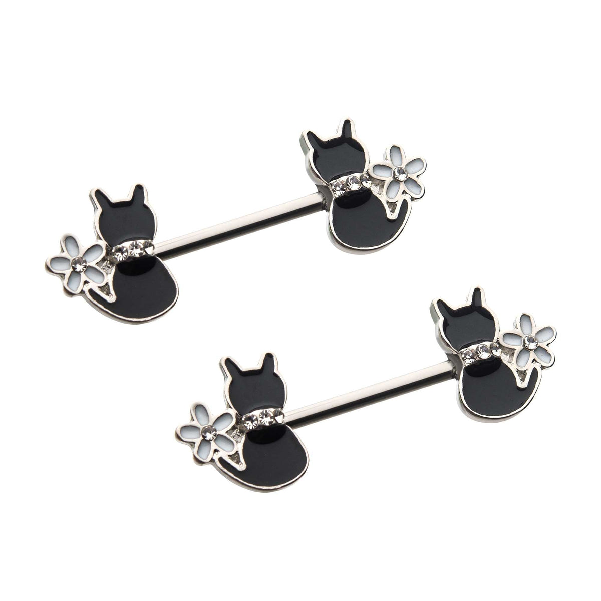 Nipple Surgical Steel Enamel Daisy Flower Clear CZ Black Cat Nipple Barbell -Rebel Bod-RebelBod