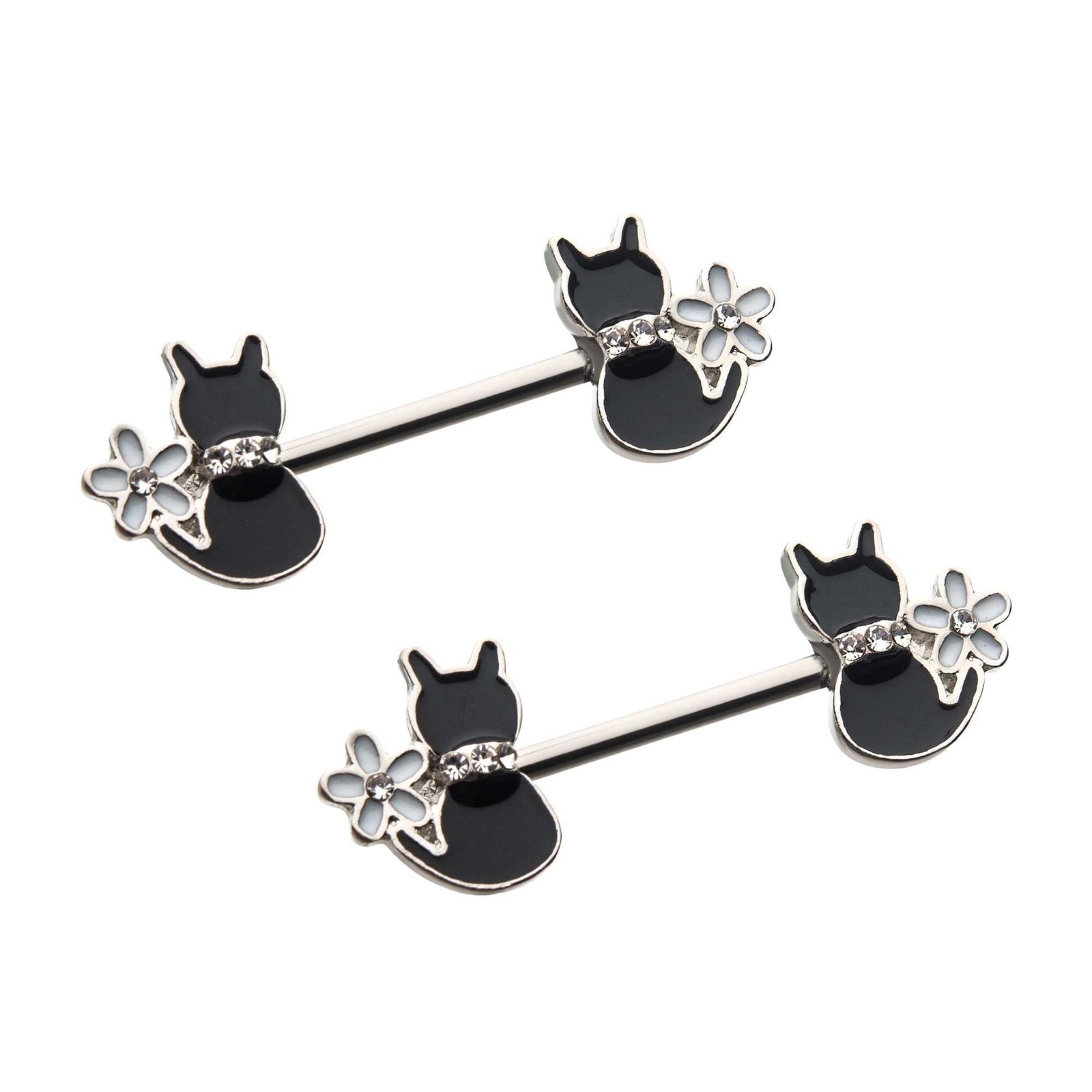 Nipple Surgical Steel Enamel Daisy Flower Clear CZ Black Cat Nipple Barbell -Rebel Bod-RebelBod