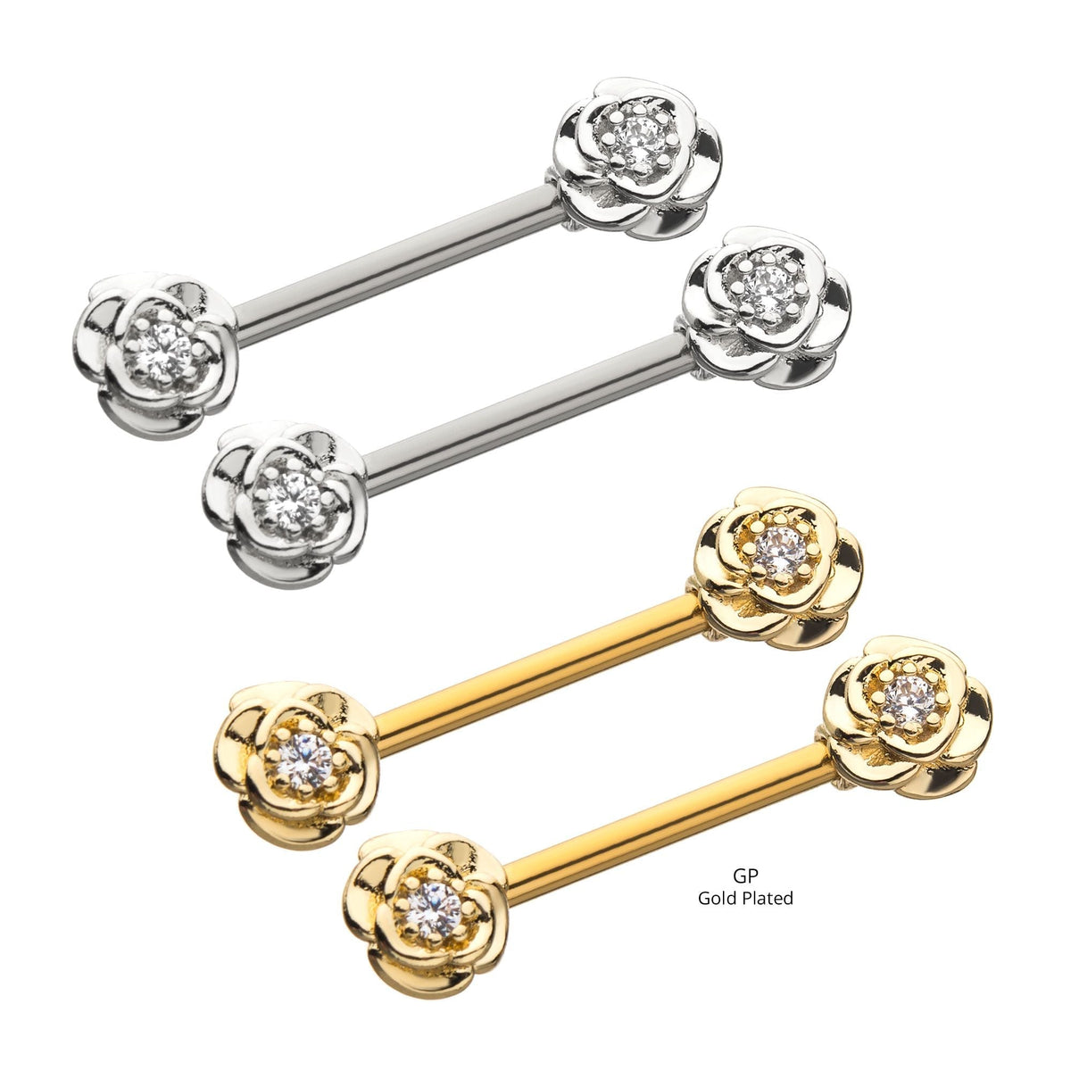 Nipple Surgical Steel Front Facing Clear CZ Rose Nipple Barbell -Rebel Bod-RebelBod