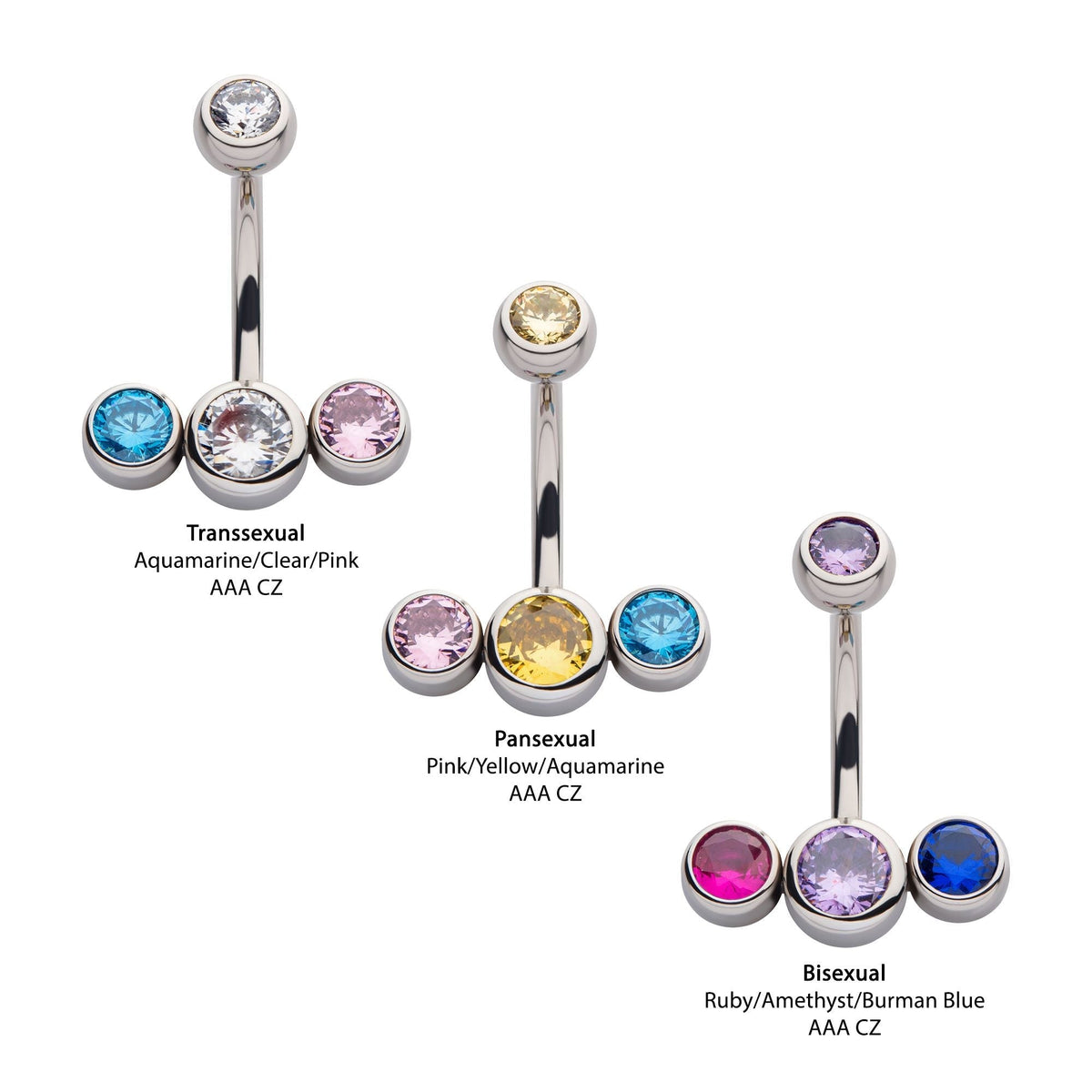 Belly Surgical Steel Internally Threaded Transgender, Pansexual, Bisexual Flag Colored Bezel Set Single CZ Top Multi-Color CZ 3-Cluster Bottom Fixed Navel -Rebel Bod-RebelBod