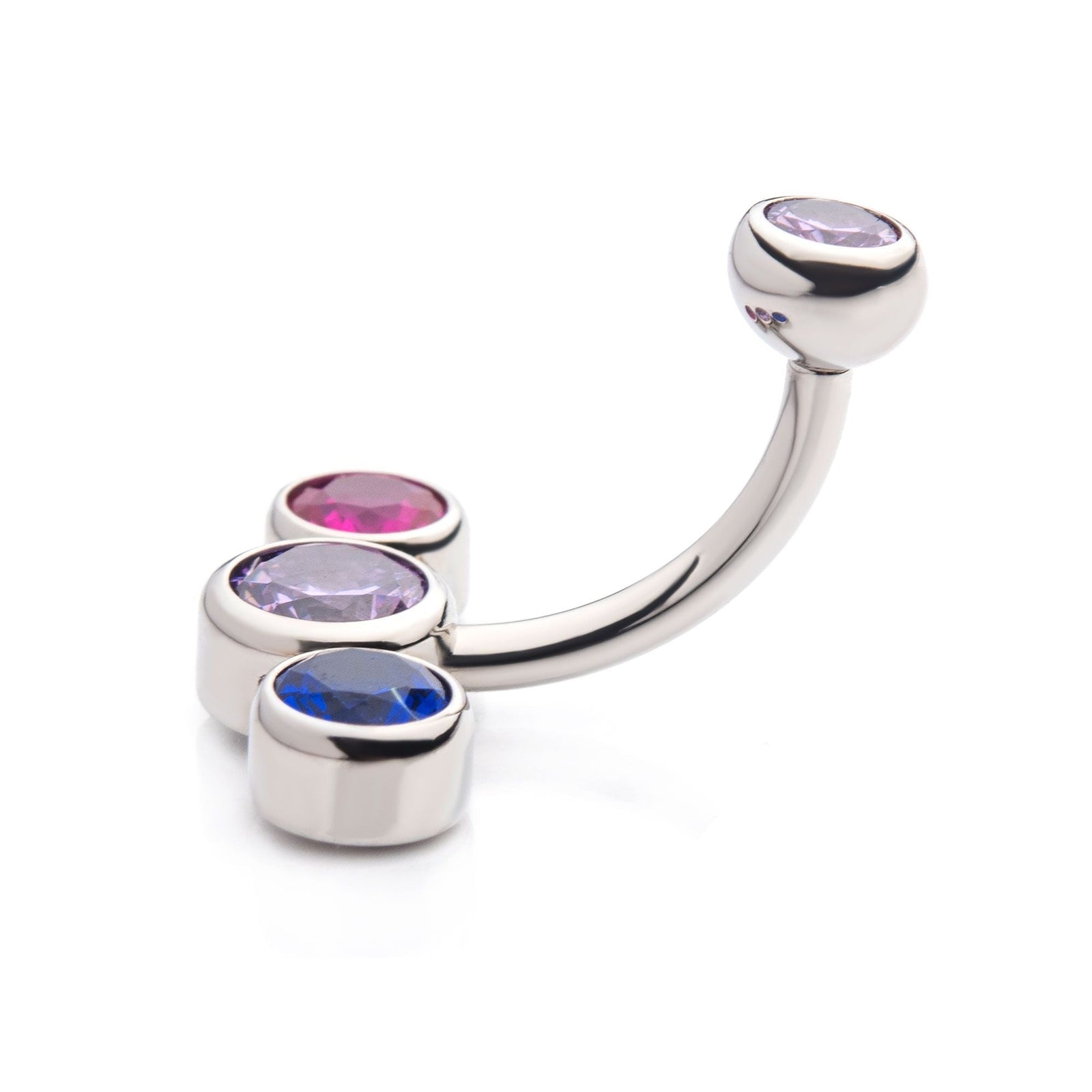 Belly Surgical Steel Internally Threaded Transgender, Pansexual, Bisexual Flag Colored Bezel Set Single CZ Top Multi-Color CZ 3-Cluster Bottom Fixed Navel -Rebel Bod-RebelBod