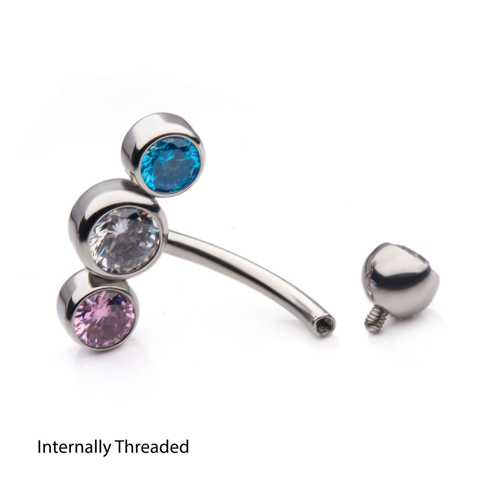 Belly Surgical Steel Internally Threaded Transgender, Pansexual, Bisexual Flag Colored Bezel Set Single CZ Top Multi-Color CZ 3-Cluster Bottom Fixed Navel -Rebel Bod-RebelBod