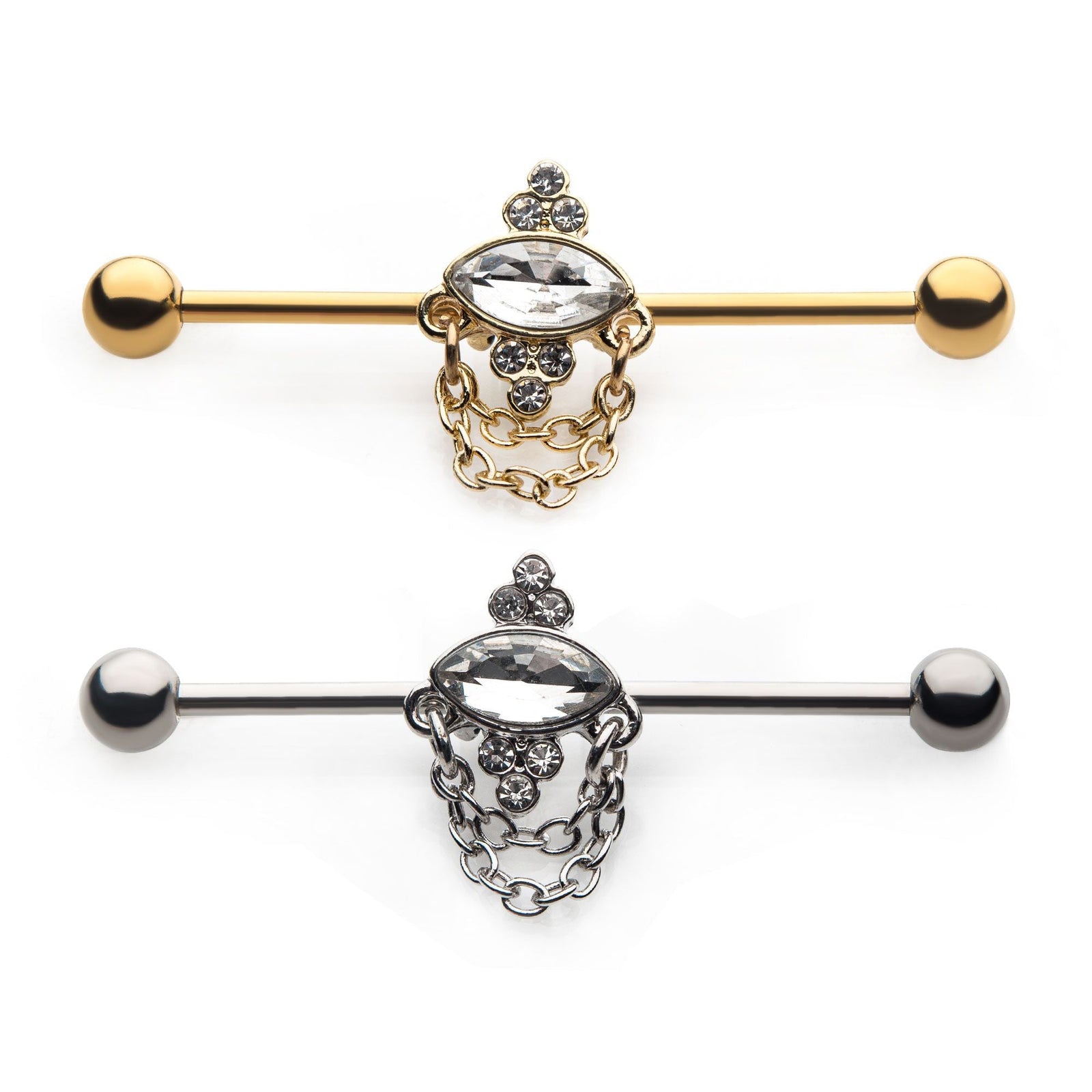 Indistrial Barbell Surgical Steel Oval Clear CZ Dangling Chains Industrial Barbell -Rebel Bod-RebelBod