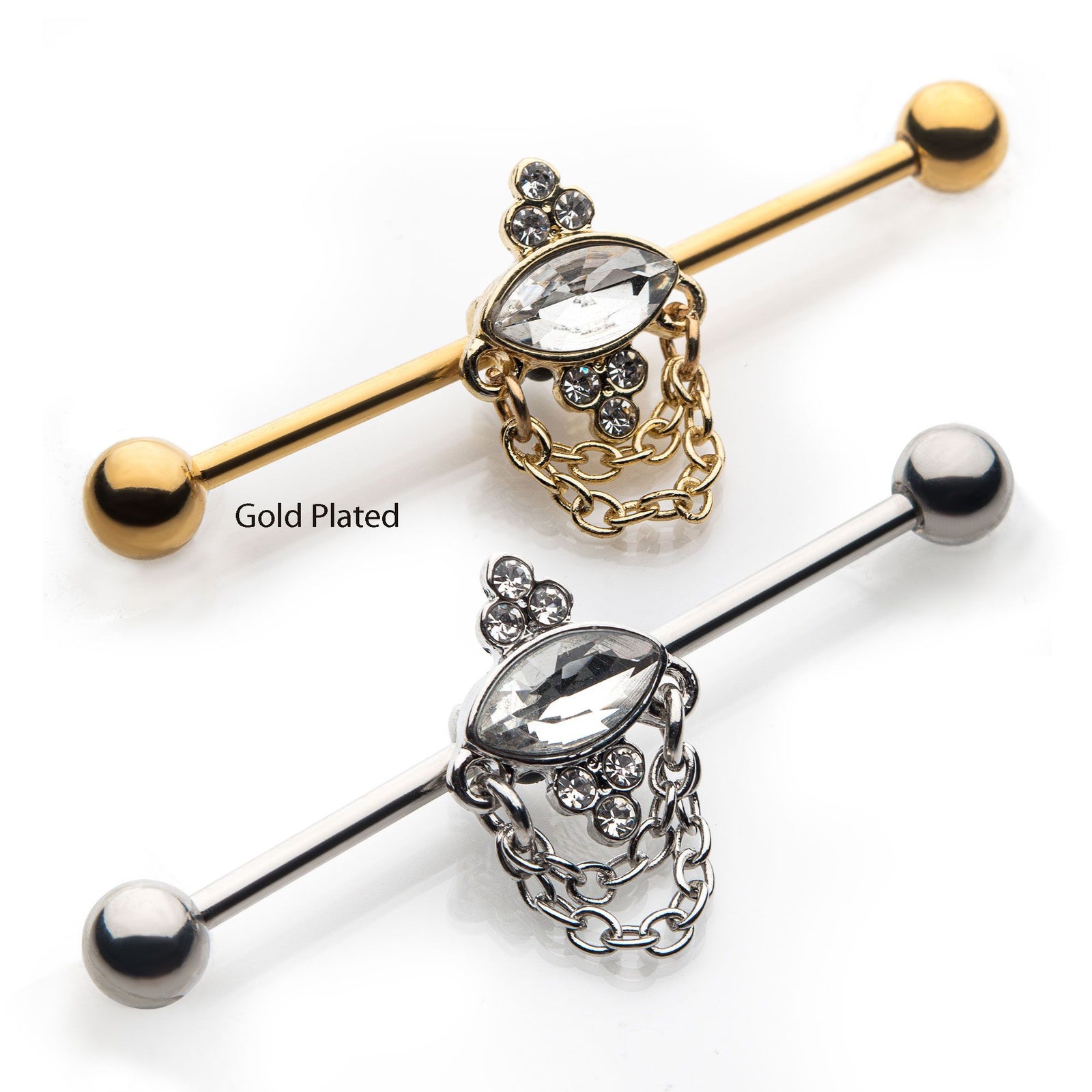 Indistrial Barbell Surgical Steel Oval Clear CZ Dangling Chains Industrial Barbell -Rebel Bod-RebelBod