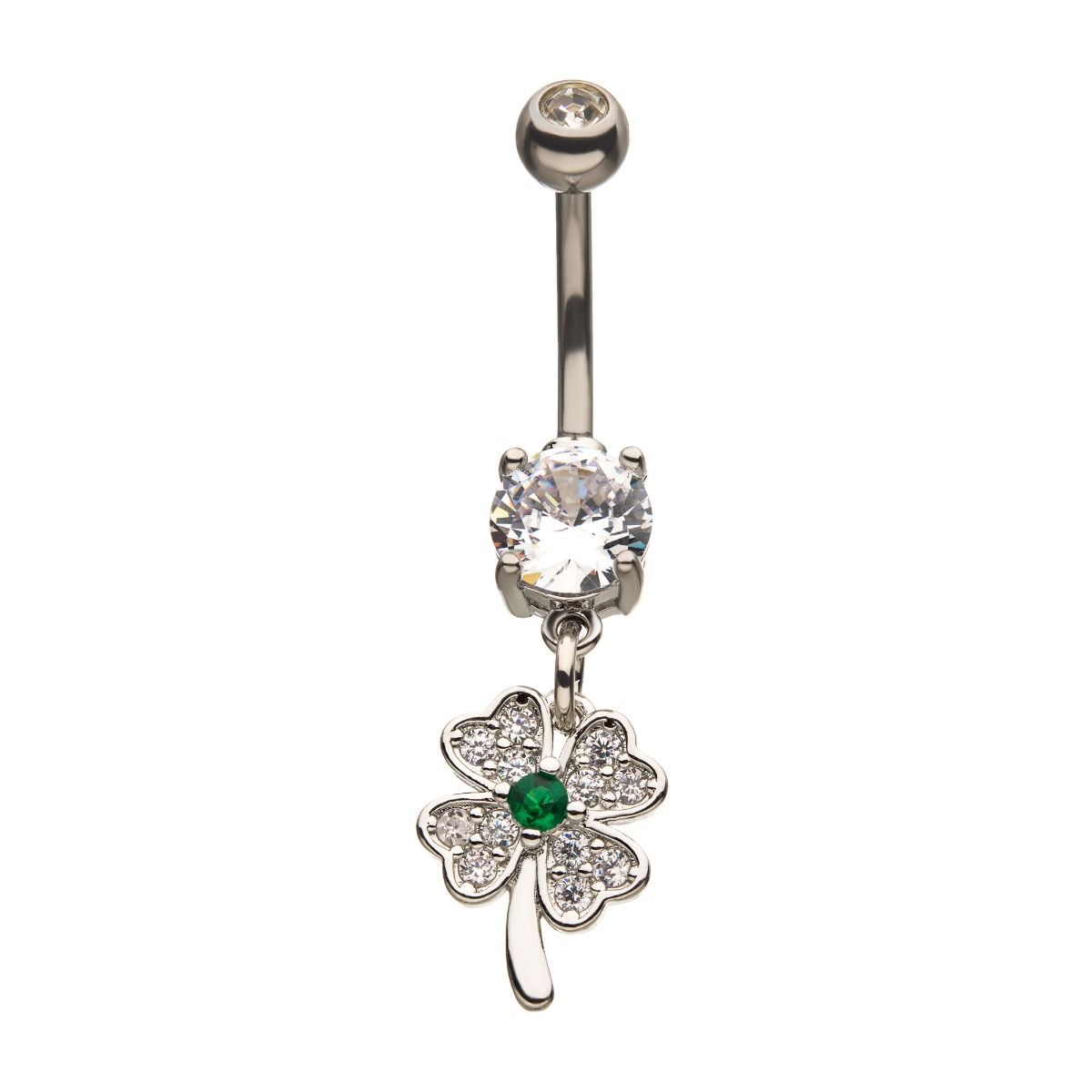 Belly Surgical Steel Prong Set Clear Green CZ 4 Leaf Clover Dangle Navel -Rebel Bod-RebelBod