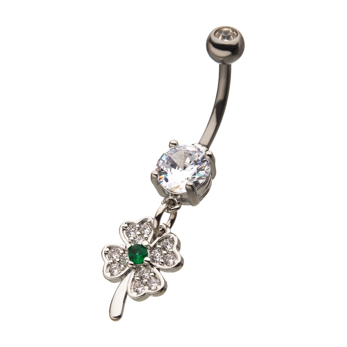 Belly Surgical Steel Prong Set Clear Green CZ 4 Leaf Clover Dangle Navel -Rebel Bod-RebelBod