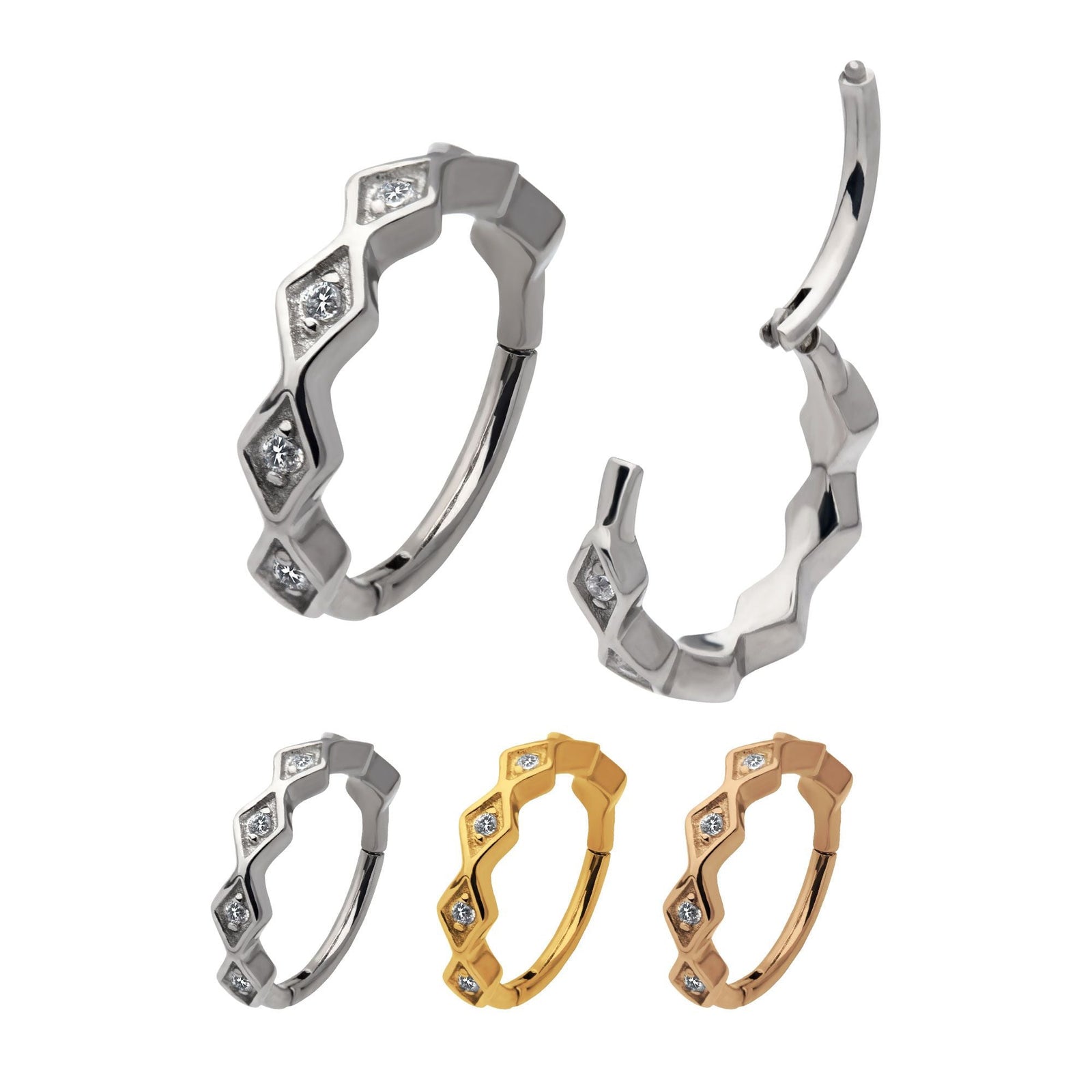 Clicker - Cartilage | Septum Surgical Steel Prong Set CZ 6-Cluster Diamond Shape Side Facing Hinged Segment Clicker - 1 Piece -Rebel Bod-RebelBod