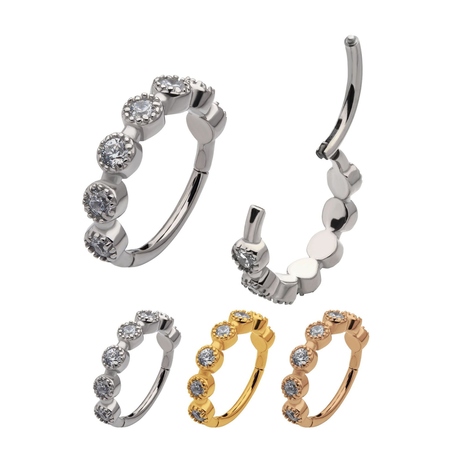 Clicker - Cartilage | Septum Surgical Steel Prong Set CZ 7-Cluster Round Shape Side Facing Hinged Segment Clicker - 1 Piece -Rebel Bod-RebelBod