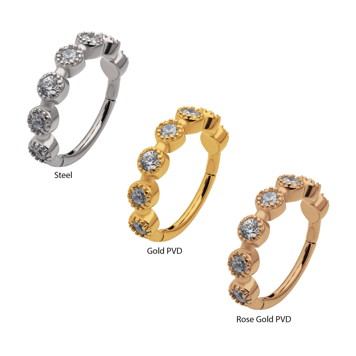 Clicker - Cartilage | Septum Surgical Steel Prong Set CZ 7-Cluster Round Shape Side Facing Hinged Segment Clicker - 1 Piece -Rebel Bod-RebelBod