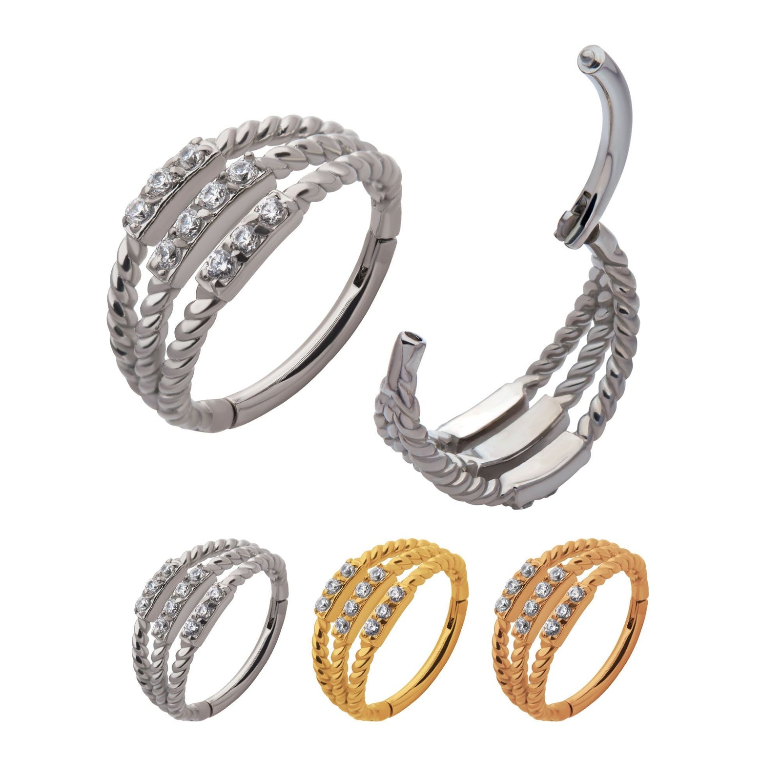 Clicker - Cartilage | Septum Surgical Steel Prong Set CZ Twisted Edge Triple Stack Side Facing Hinged Segment Clicker - 1 Piece -Rebel Bod-RebelBod