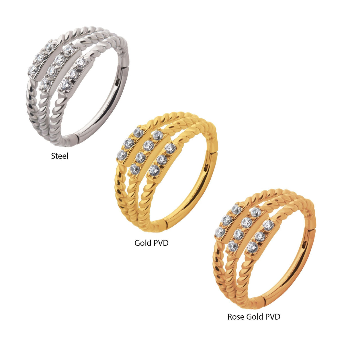 Clicker - Cartilage | Septum Surgical Steel Prong Set CZ Twisted Edge Triple Stack Side Facing Hinged Segment Clicker - 1 Piece -Rebel Bod-RebelBod