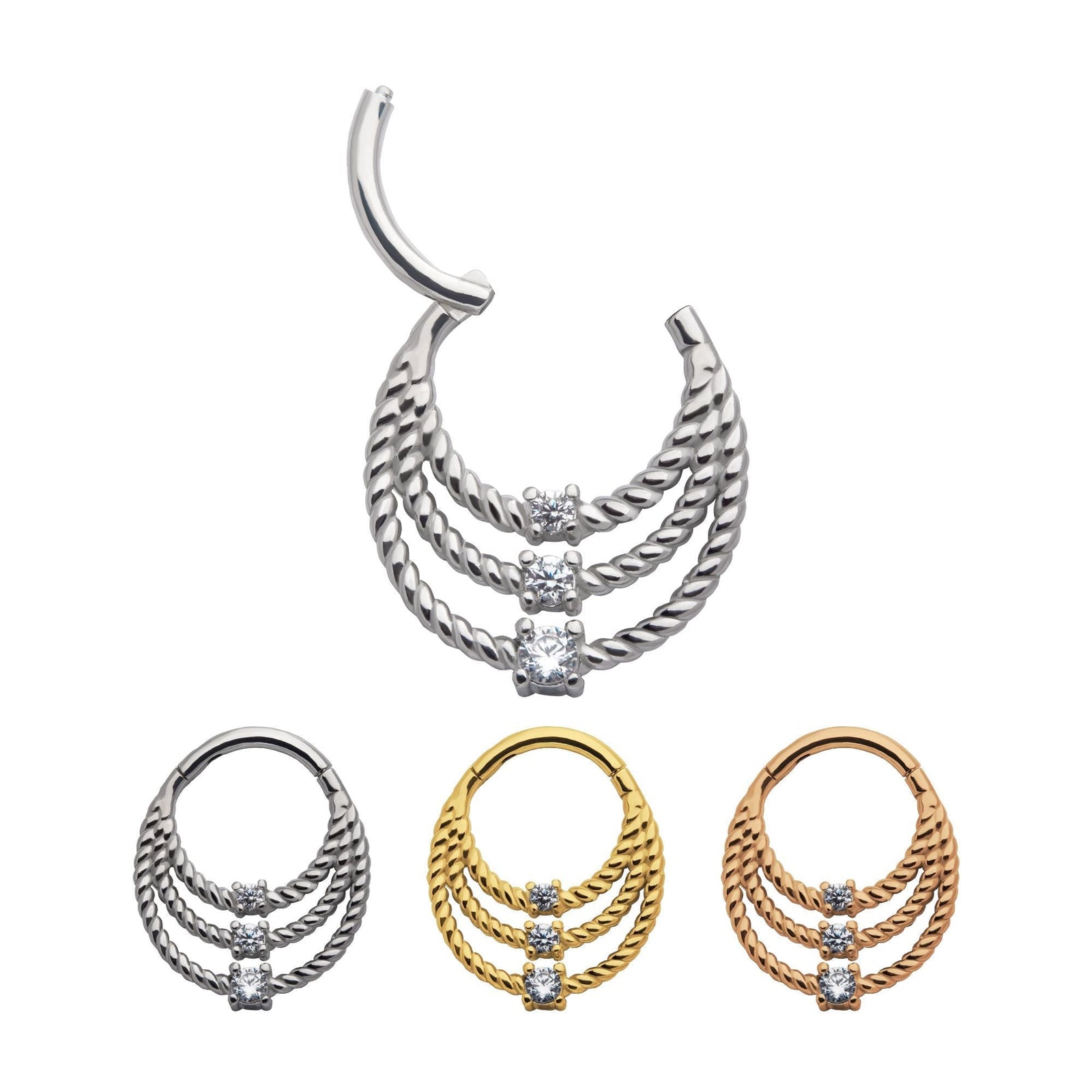 Clicker - Cartilage | Septum Surgical Steel Prong Set CZ Twisted Edge Triple Tiered Front Facing Hinged Segment Clicker - 1 Piece -Rebel Bod-RebelBod
