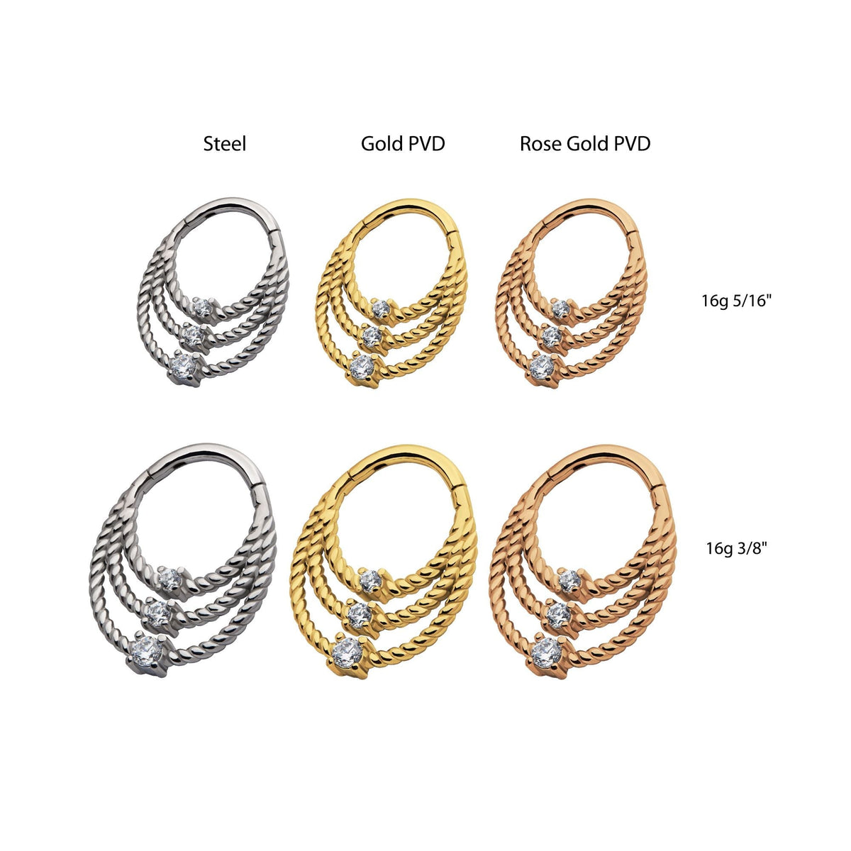 Clicker - Cartilage | Septum Surgical Steel Prong Set CZ Twisted Edge Triple Tiered Front Facing Hinged Segment Clicker - 1 Piece -Rebel Bod-RebelBod