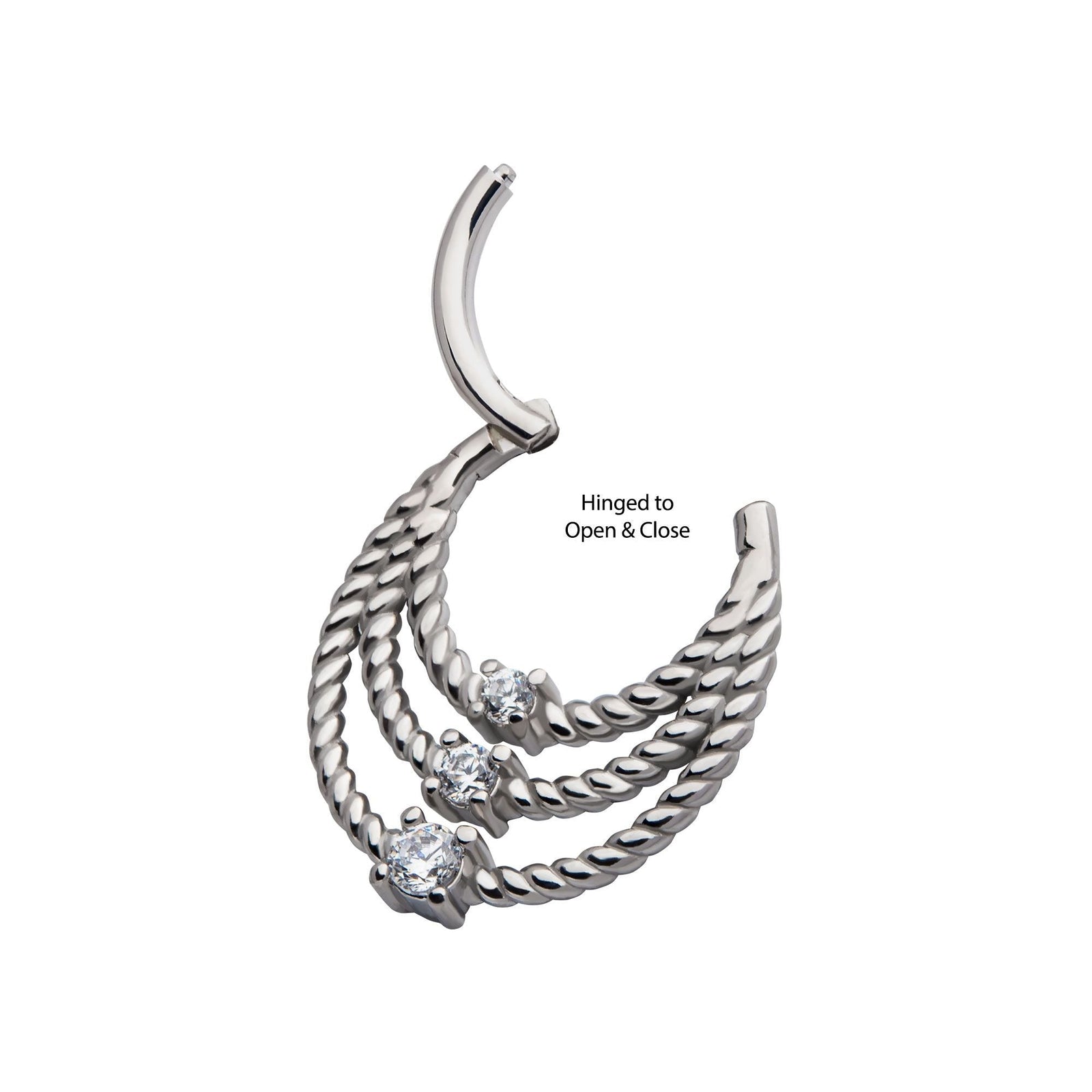 Clicker - Cartilage | Septum Surgical Steel Prong Set CZ Twisted Edge Triple Tiered Front Facing Hinged Segment Clicker - 1 Piece -Rebel Bod-RebelBod