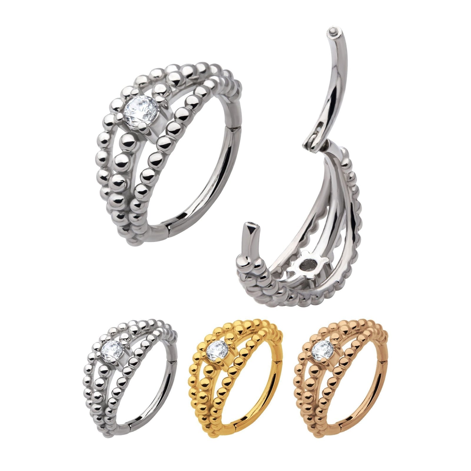 Clicker - Cartilage | Septum Surgical Steel Prong Set Single CZ Triple Stack Clustered Beads Side Facing Hinged Segment Clicker - 1 Piece -Rebel Bod-RebelBod