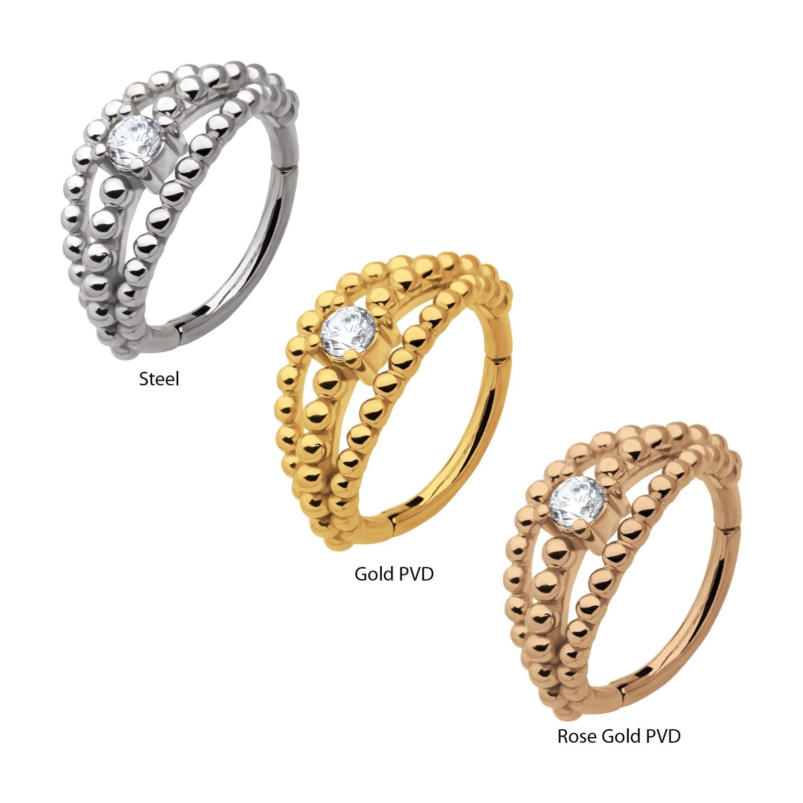 Clicker - Cartilage | Septum Surgical Steel Prong Set Single CZ Triple Stack Clustered Beads Side Facing Hinged Segment Clicker - 1 Piece -Rebel Bod-RebelBod