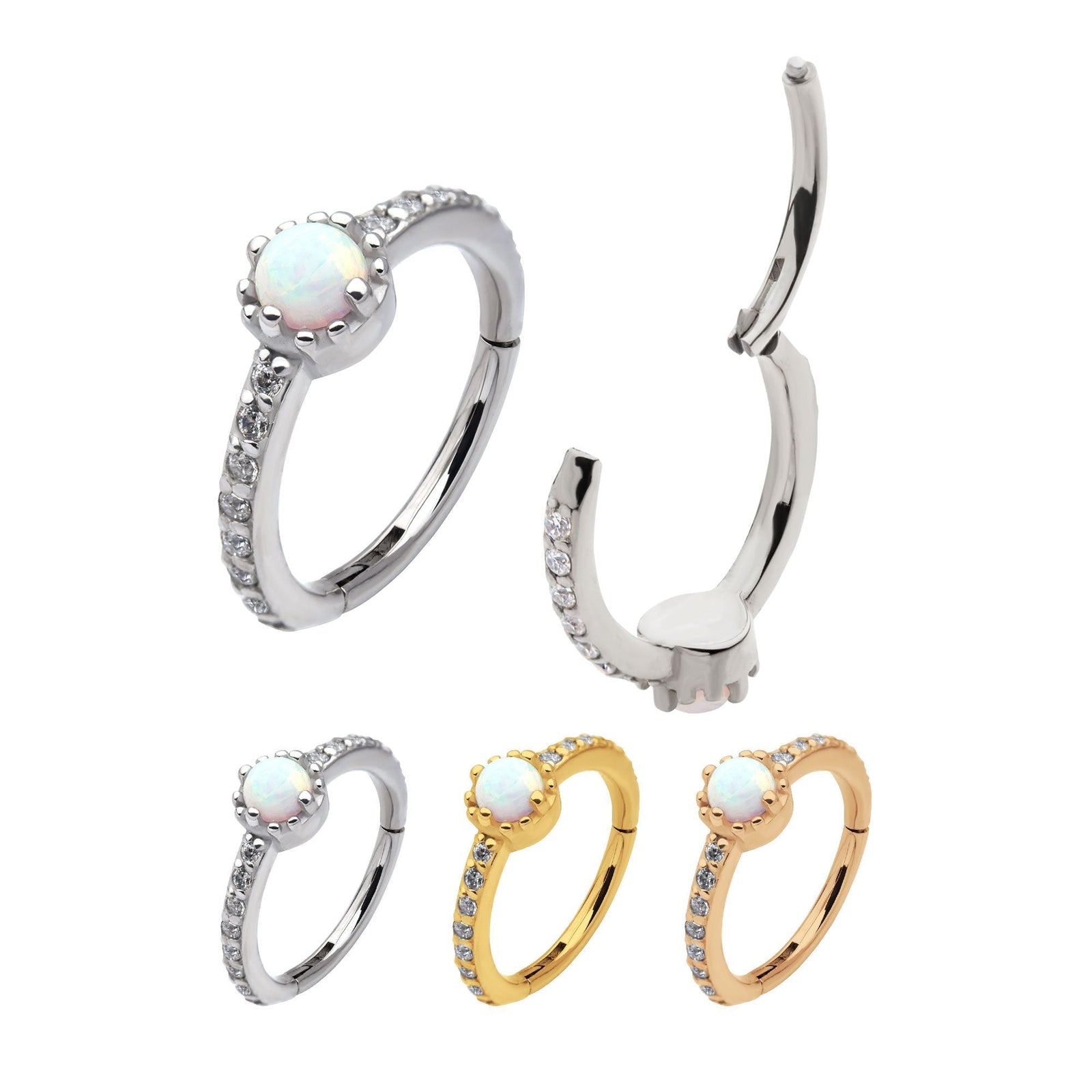 Clicker - Cartilage | Septum Surgical Steel Prong Set White Opal/ CZ Eternity Side Facing Hinged Segment Clicker - 1 Piece -Rebel Bod-RebelBod