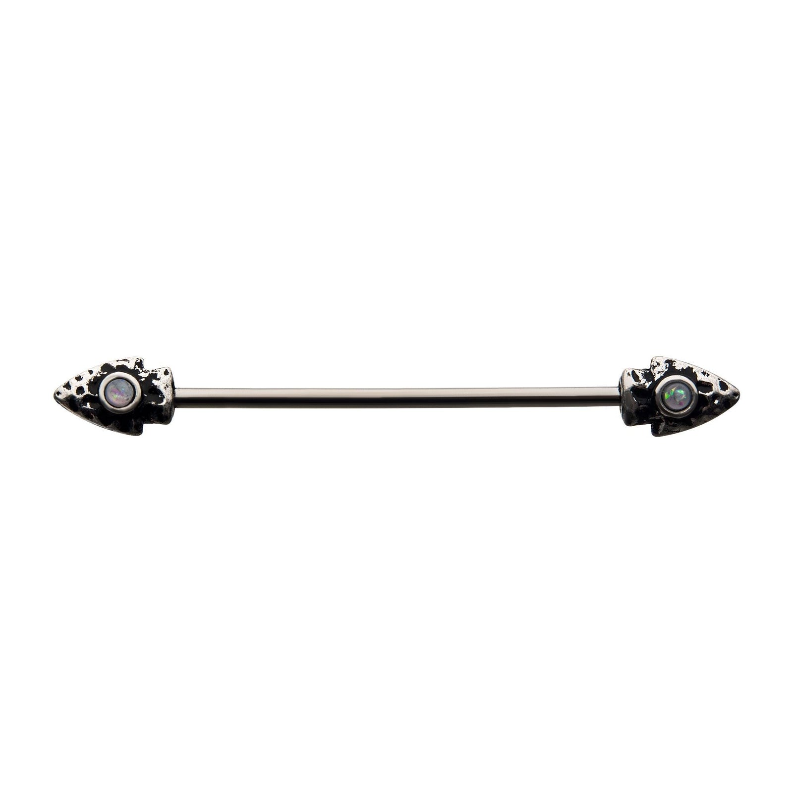 Indistrial Barbell Surgical Steel Synthetic White Opal Forward Facing Antiqued Arrow Industrial Barbell -Rebel Bod-RebelBod