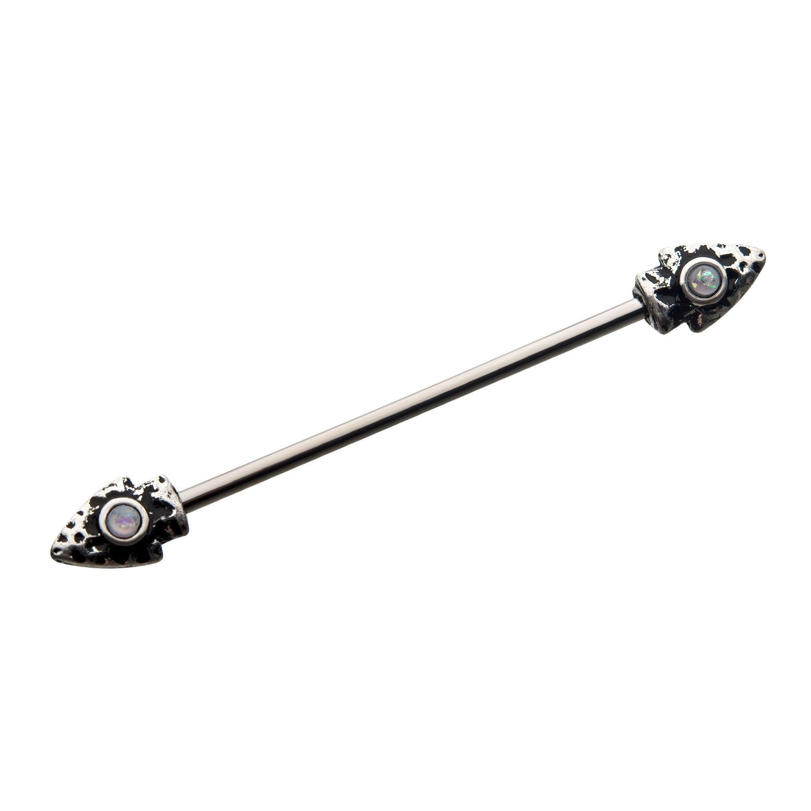Indistrial Barbell Surgical Steel Synthetic White Opal Forward Facing Antiqued Arrow Industrial Barbell -Rebel Bod-RebelBod