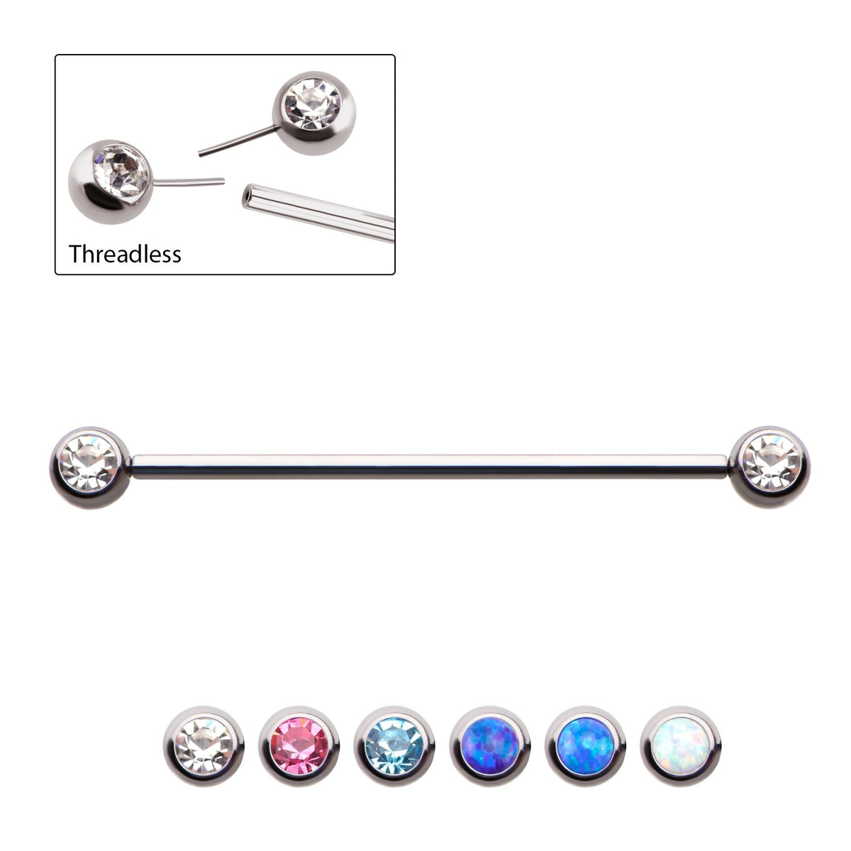 Indistrial Barbell Surgical Steel Threadless Side Facing CZ/Opal Industrial Barbell -Rebel Bod-RebelBod