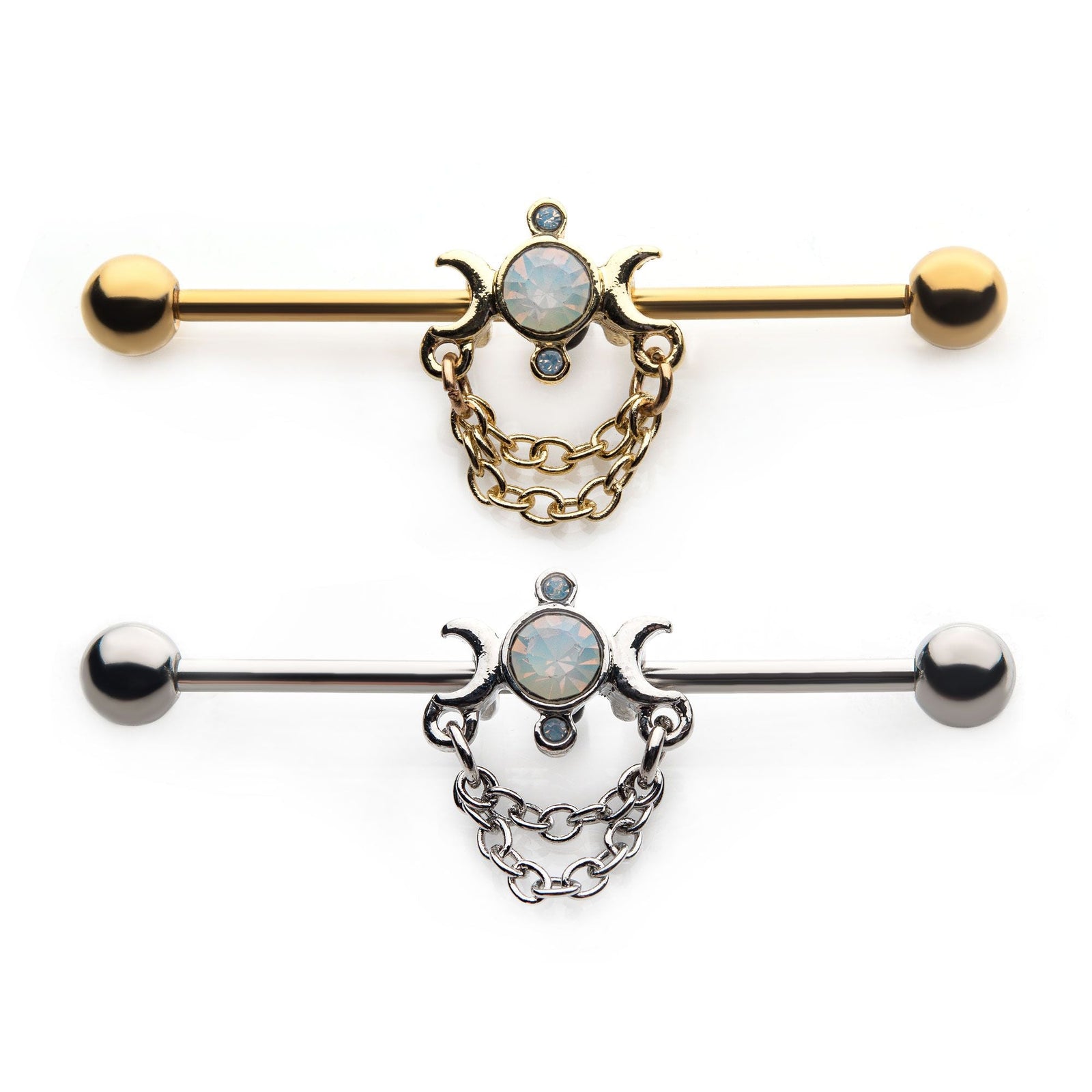 Indistrial Barbell Surgical Steel White Opalite Gem Dangling Chains Moon Industrial Barbell -Rebel Bod-RebelBod