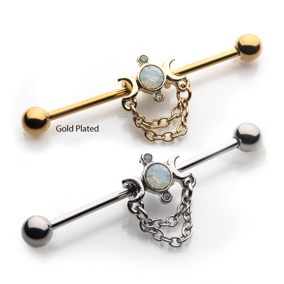 Indistrial Barbell Surgical Steel White Opalite Gem Dangling Chains Moon Industrial Barbell -Rebel Bod-RebelBod