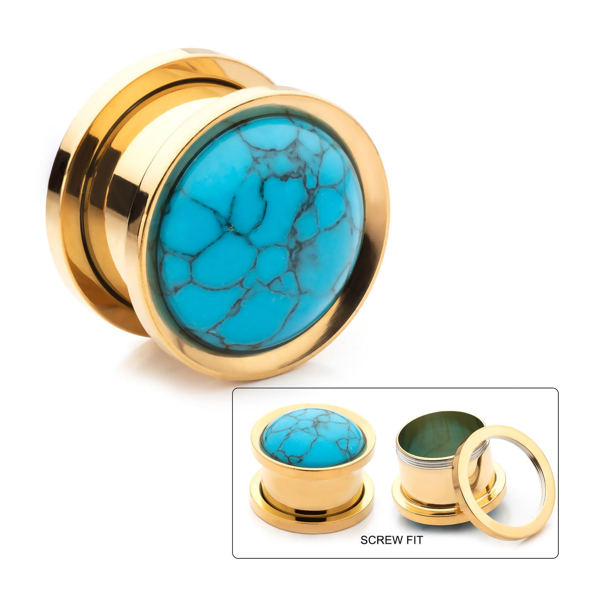 Organics Synthetic Turquoise Stone Gold PVD Screw Fit Plug pss77gptq-2pr -Rebel Bod-RebelBod