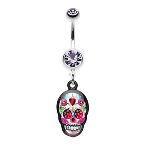 Tanzanite Brightly Sugar Skull Print Dangle Belly Ring