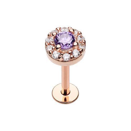 Tanzanite/Clear Rose Gold Round Embellished CZ Ornate Top Steel Labret