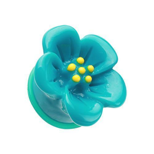 Plugs Earrings - Single Flare Teal Adorable Hibiscus Flower Single Flared Ear Gauge Plug - 1 Pair -Rebel Bod-RebelBod