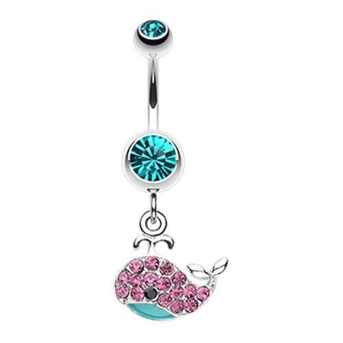 Teal Adorable Whale Multi-Gem Belly Button Ring