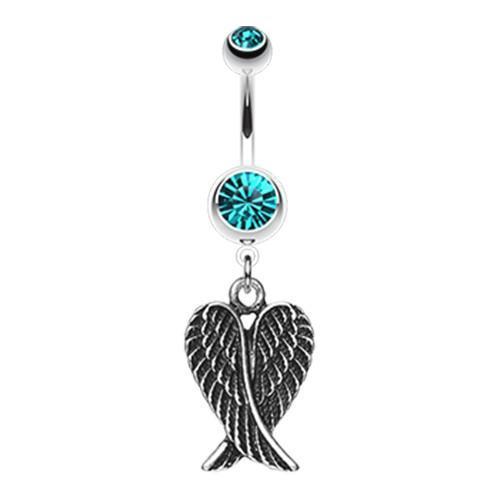Teal Angel Wing Heart Belly Button Ring