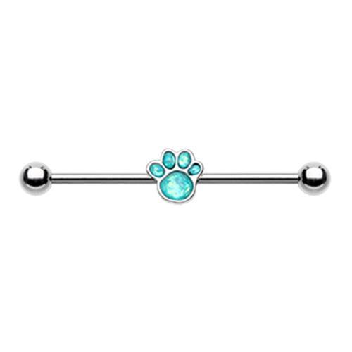 Teal Animal Lover Opal Paw Print Industrial Barbell - 1 Piece
