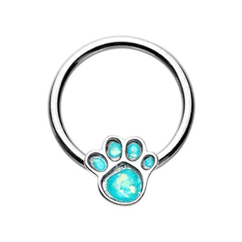 Teal Animal Lover Paw Print Glitter Opal Captive Bead Ring