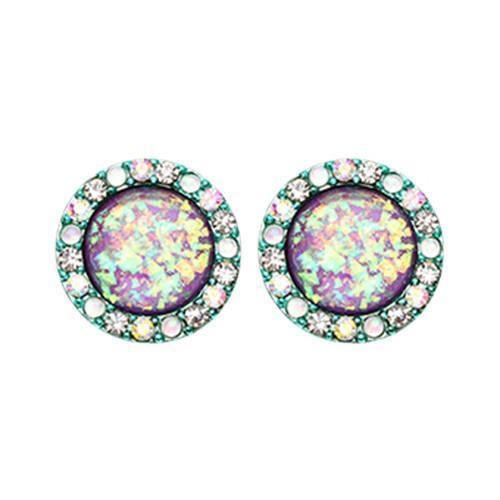 Teal/Aurora Borealis/Purple Teal Round Crown Opal Jeweled Combo Ear Stud Earrings - 1 Pair