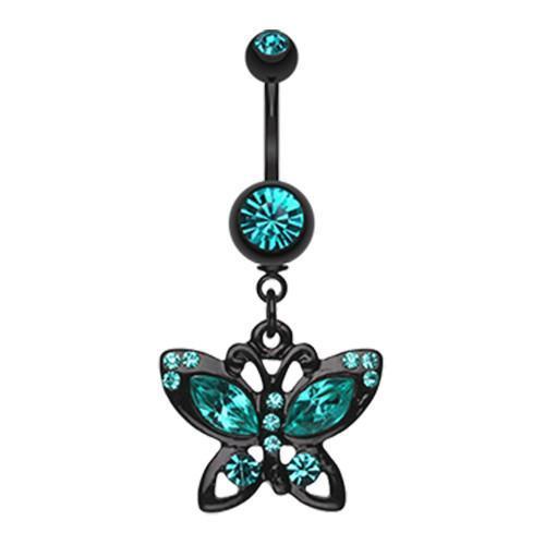 Teal Black Butterfly Sparkle Belly Button Ring