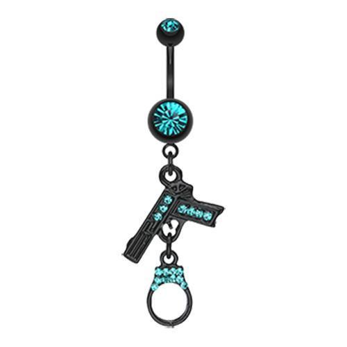 Teal Black Handgun Cuff Sparkle Belly Button Ring