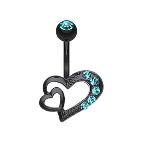 Teal Black Heart on Heart Belly Button Ring