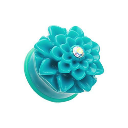 Teal Charming Chrysanthemum Flower Single Flared Ear Gauge Plug - 1 Pair