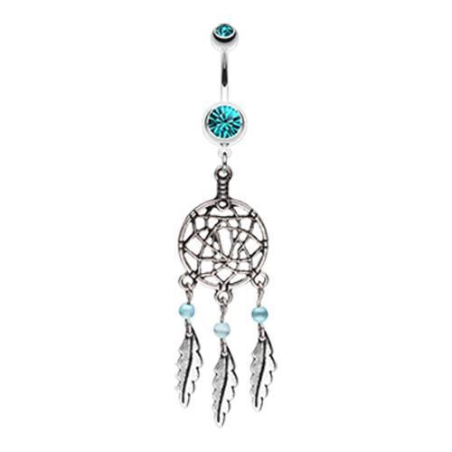 Teal Classic Pewter Dream Catcher Belly Button Ring