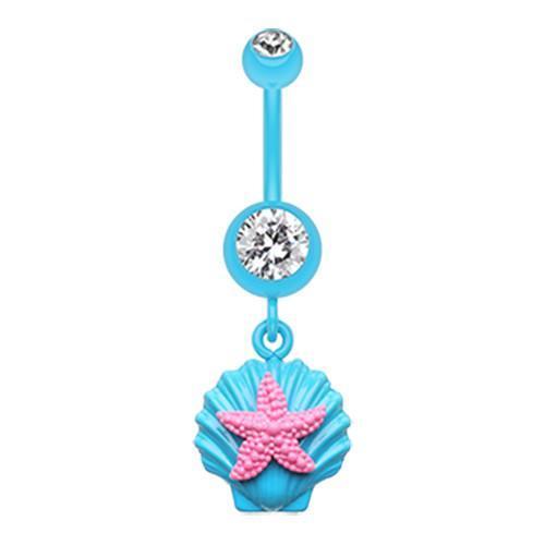 Teal/Clear/Pink Ariel&#39;s Starfish Shell Belly Button Ring