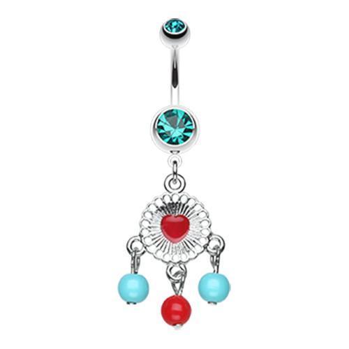 Teal Colorful Heart Dream Catcher Belly Button Ring