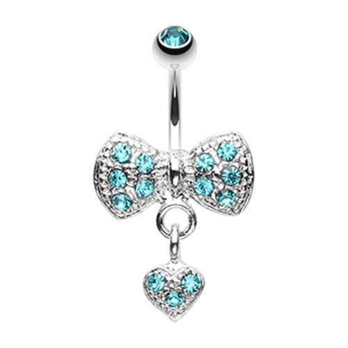Teal Dangle Heart Bow-Tie Belly Button Ring