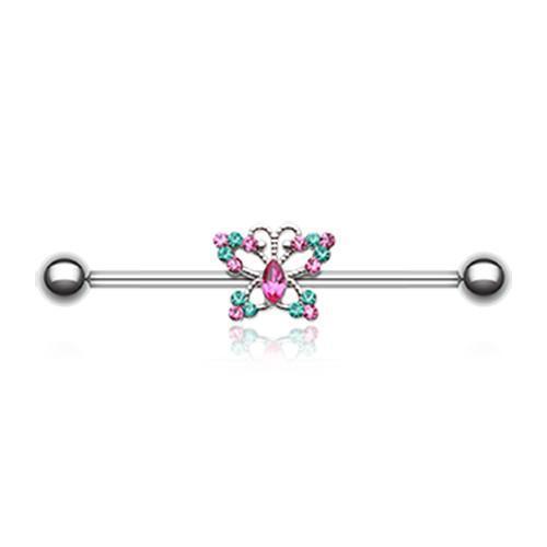 Teal/Fuchsia Glam Butterfly Sparkle Industrial Barbell - 1 Piece